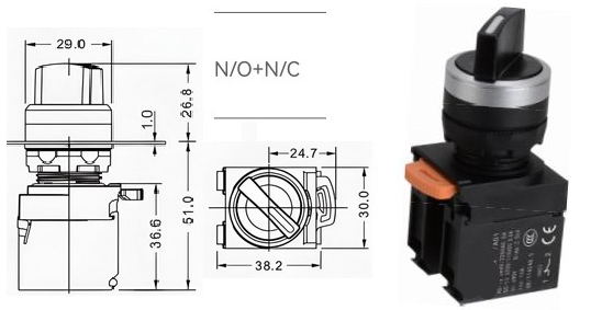 IND115-A5-11X/A01, przełącznik piórkowy, piórowy, 2-pozycyjny, 0-1, obrotowy, ON-OFF, samoblokujący, bistabilny, NO+NC, 230V, IP65, 22mm, komplet