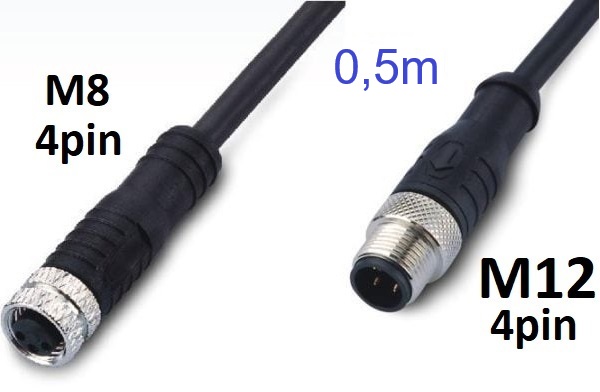 E8N4F-0,5m-E12W4F- złącze żeńskie M8 4pin – przewód 50cm – złącze męskie M12 dwustronny